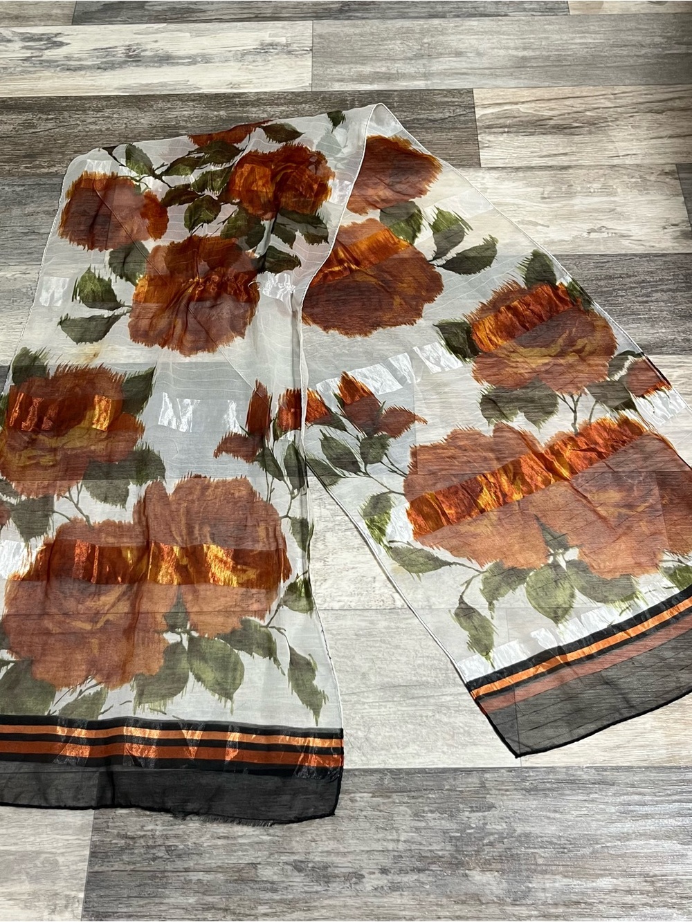 sheer orange floral fashion scarf